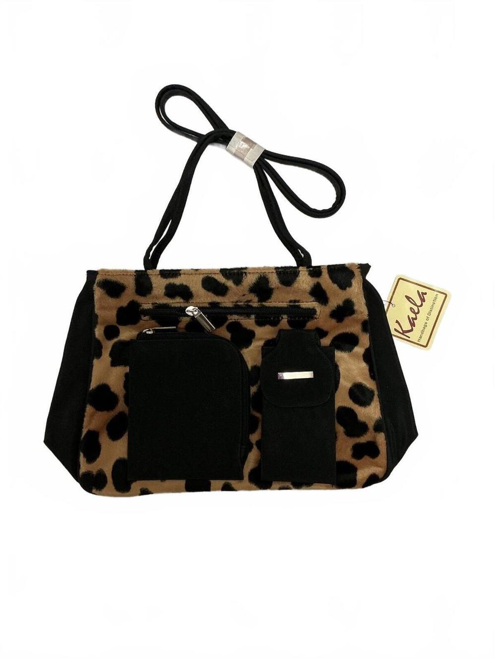 Kuelah Leopard Print Faux Fur and Black Handbag with Multiple Pockets